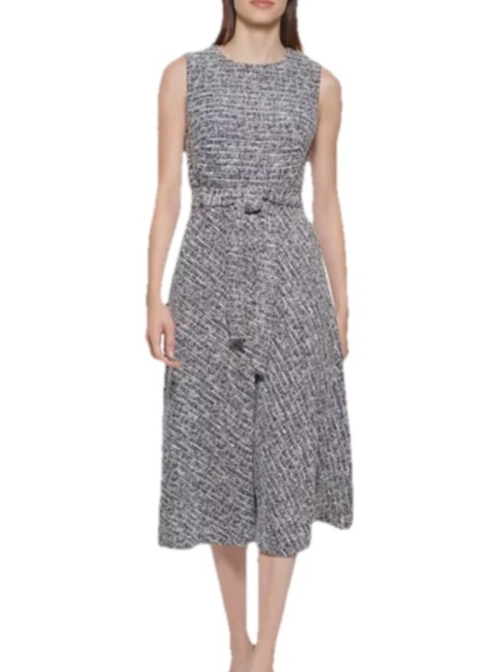 Calvin Klein Multi Colored Tweed Midi Dress with Self-Tie Belt Size 4